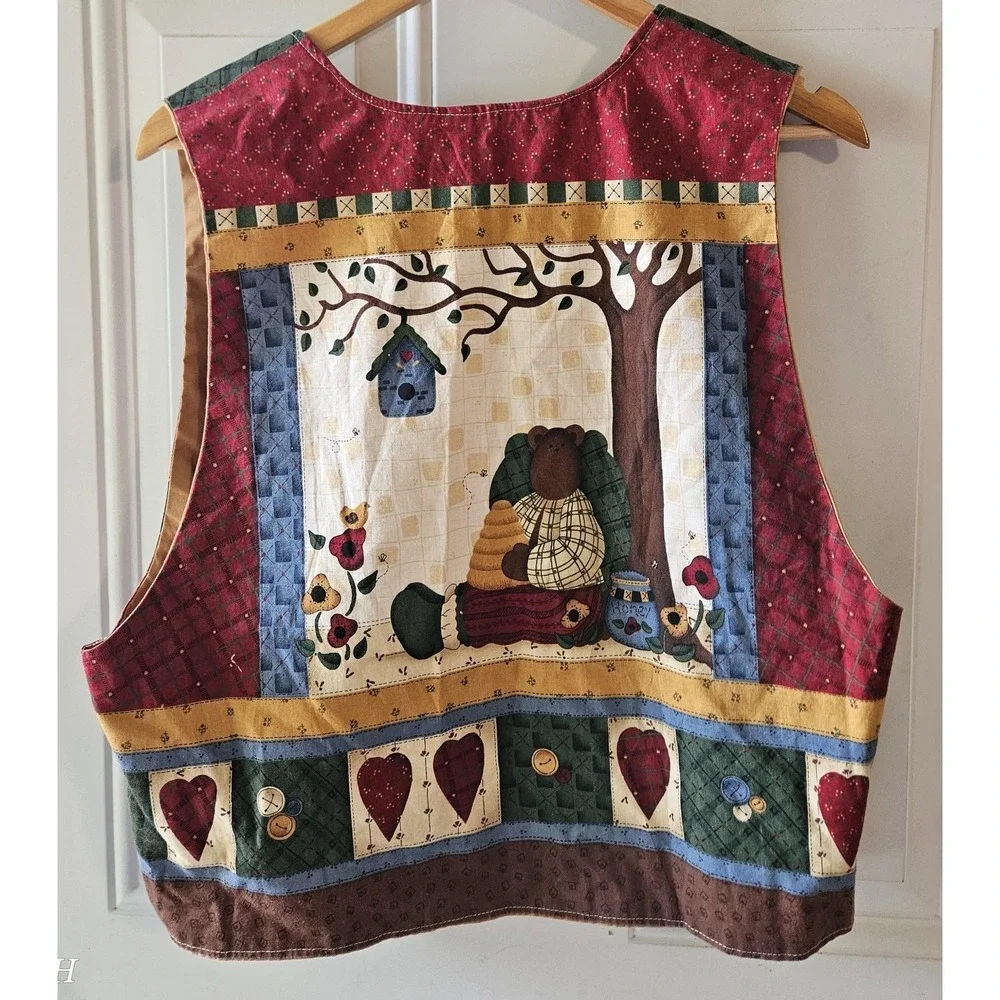 Handmade Country Bears at Heart Quilted Vest Womens L Patchwork Folk Art Cottage